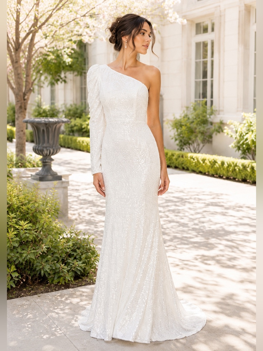 Mac Duggal 26591 White One Shoulder Sequin Evening Gown Size 10